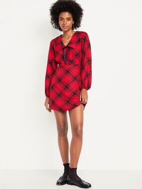 Old Navy Red Plaid Fit & Flare Long-Sleeve Crepe Mini Dress